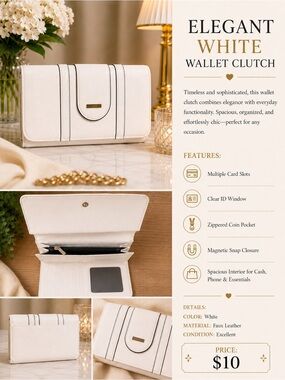 Elegant Faux Leather White Wallet Clutch